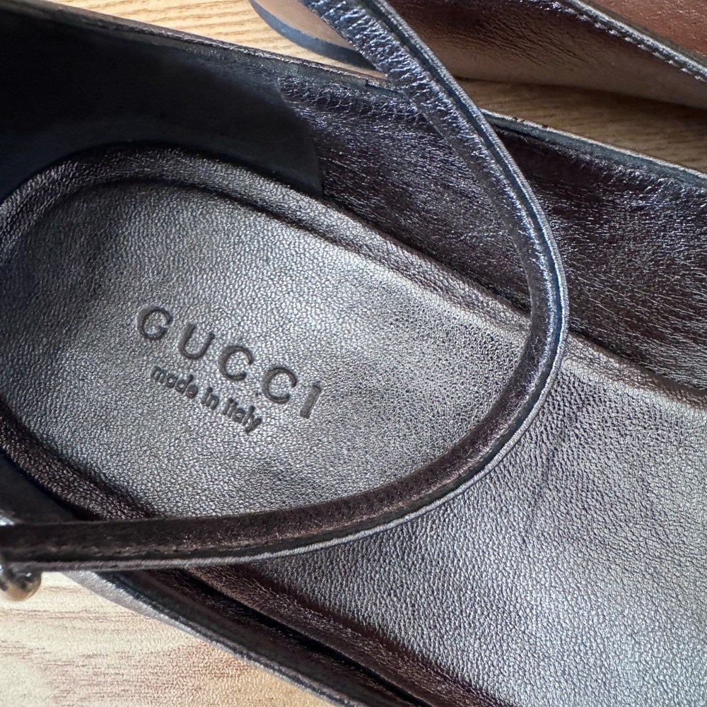 Gucci Horsebit Women 7B Ballet Flats Shoes Bronze Pewter Ankle Strap Mary Jane - Picture 4 of 11